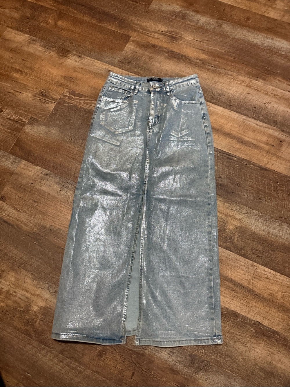 Metallic Silver Maxi Denim Skirt with Front Slit